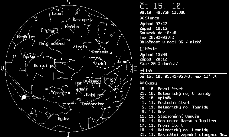 Ukázka aplikace od MakerClass: mapa noční oblohy, souhvězdí a přehled astronomických úkazů